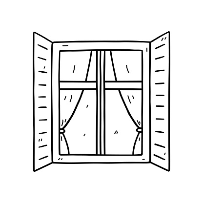 Window with open shutters isolated on white background. Vector hand-drawn doodle illustration. Perfect for decorations, logo, various designs.