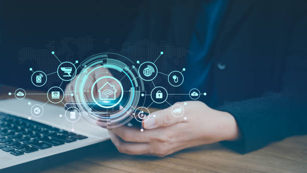 istock Smart home concept. Remote home control in a mobile application. IOT. Internet of Things. Multichannel online communication network digital 4.0 technology, control application on virtual screen. 1490939816