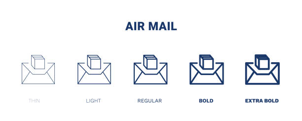 航空便アイコン。配達と物流のコレクションから、薄く、軽く、規則的で、太字で、黒い航空便アイコンセット。編集可能な航空便記号は、webおよびモバイルで使用できます - air mail mail envelope blank点のイラスト素材／クリップアート素材／マンガ素材／アイコン素材