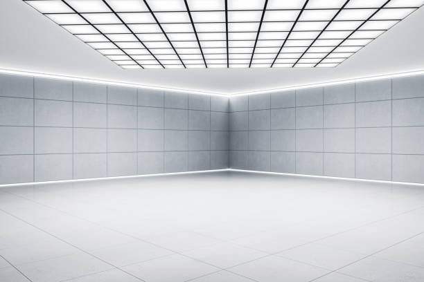 Perspective view on the corner in empty industrial style hall area with blank square printed light grey wall and concrete floor with space for car or your product presentation. 3D rendering, mockup vista en perspectiva en la esquina en el área vacía de la sala de estilo industrial con pared cuadrada en blanco impresa de color gris claro y piso de concreto con espacio para la presentación del automóvil o su producto. renderizado 3d, maqueta