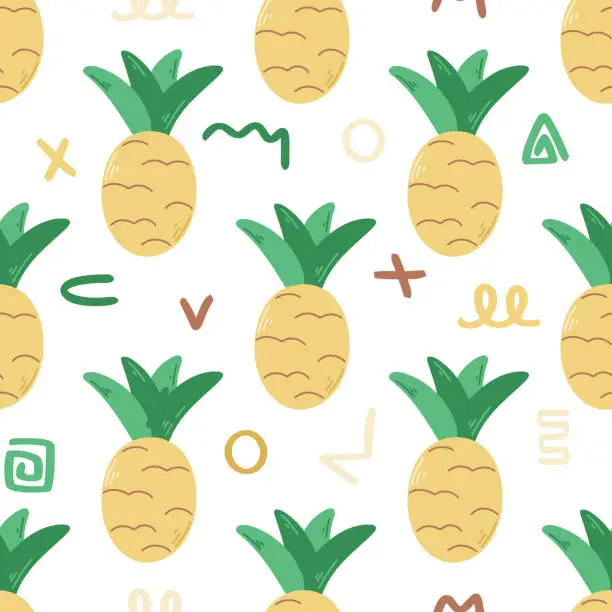 Vector illustration of Pineapples and squiggles summer seamless pattern