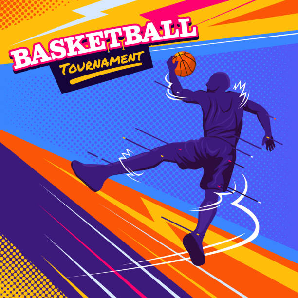 istock Basketball Man Slam Dunk Pose with Urban Style and Glitch Style in Bold Colorful Colors 1490947990