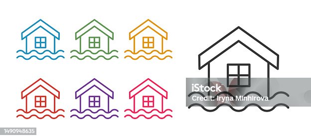 istock Set line House flood icon isolated on white background. Home flooding under water. Insurance concept. Security, safety, protection, protect concept. Set icons colorful. Vector 1490948635