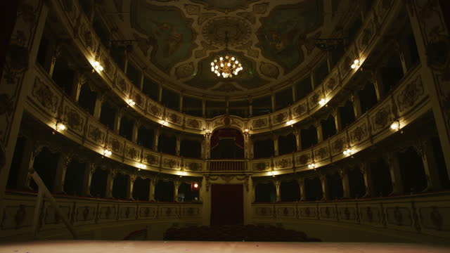 Wide shot of an Empty Elegant Classic Theatre with Big Stage and Red Velvet Curtains Opening. Well-lit Opera House with Beautiful Mural Paintings Ready to Receive Audience for a Play or Ballet Show
