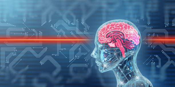 istock Deep learning infographic of neuronal network and robot with printed circuit board 1490950234