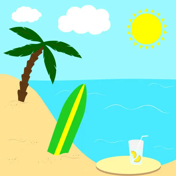 Vector illustration of Beach vector illustration with palm tree, surfboard