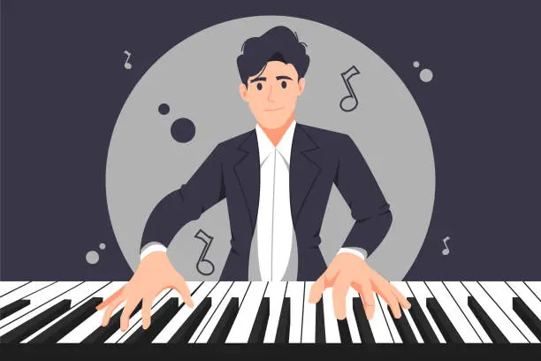 Vector illustration of Man playing grand piano. Keyboardist character play music. Male musician with keyboard musical instrument. Live music concert