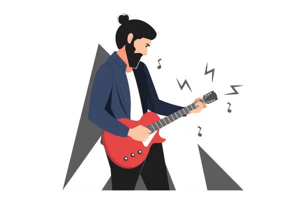 Vector illustration of Guitarist standing and playing melody. Musician playing guitar. Man with electric guitar