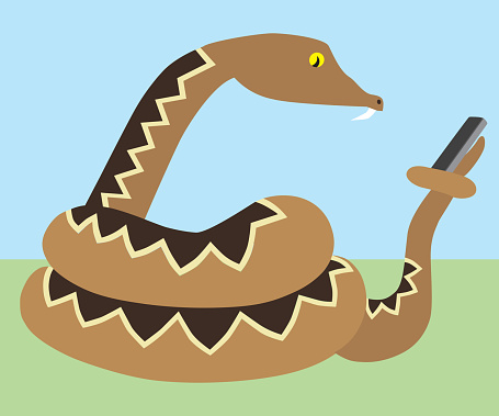 A cartoon snake is using a mobile phone to be social