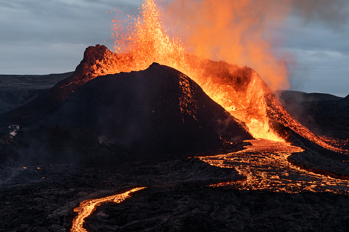 Magnificent Fagradalsfjall volcano eruption and lava flow in Reykjanes Peninsula in Iceland in 2021