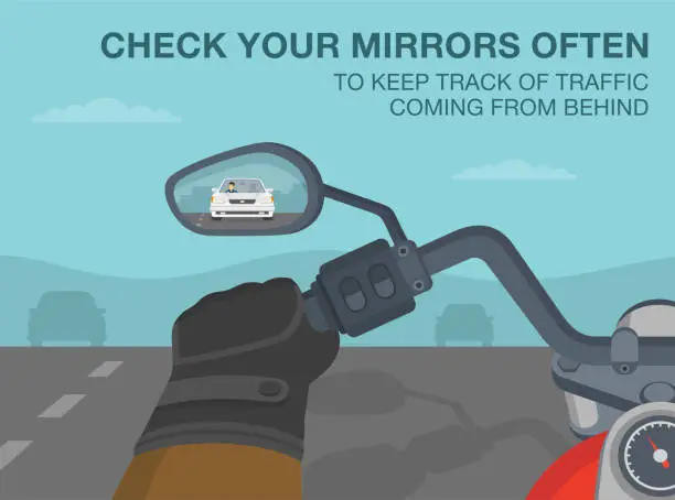 Vector illustration of Safe motorcycle riding rules and tips. Check your mirrors often to keep track of traffic coming behind. Close-up view of a motorcycle handlebar and rear mirror.