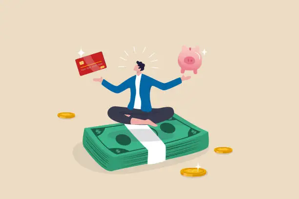 Vector illustration of Financial discipline, saving money or investing strategy, routine or practice to invest or building wealth or pay off debt concept, ambitious man meditate on banknote with credit card and piggy bank.