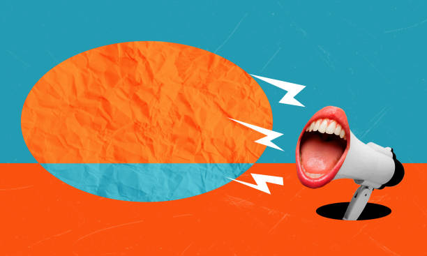 istock female mouth screaming with a megaphone in the background. Modern design, modern creative art collage. 1490959074