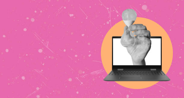 istock Art collage. Hand with an hourglass from a computer on a pink background. 1490959161