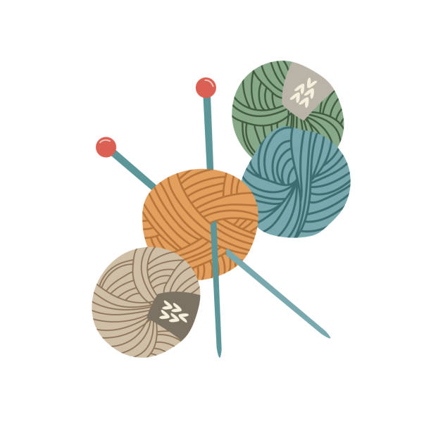 illustrations, cliparts, dessins animés et icônes de boules de fil avec aiguilles à tricoter isolées sur fond blanc - knitting needle