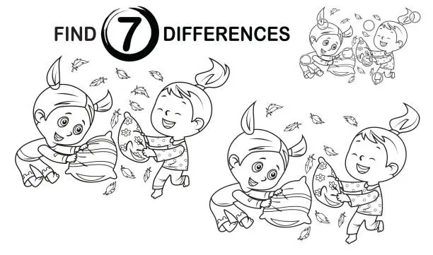 Vector illustration of Black And White, Find 7 differences education game for kids. Kids Playing Pillow Fight