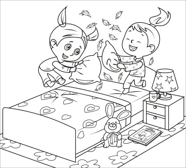 Vector illustration of Black And White, Girls fighting pillows on bed during pajama party