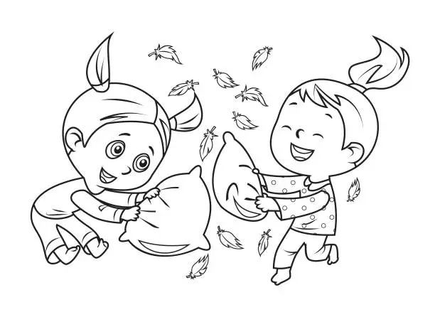 Vector illustration of Black And White, Kids Playing Pillow Fight