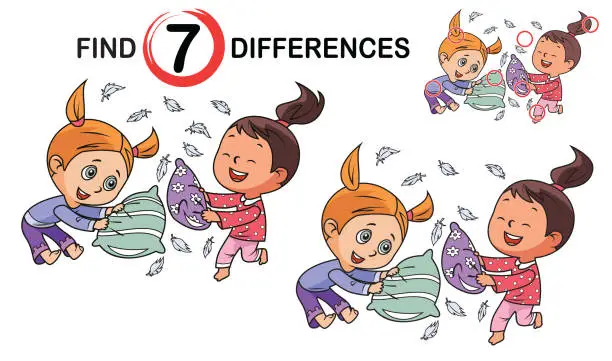 Vector illustration of Find 7 differences education game for kids. Kids Playing Pillow Fight