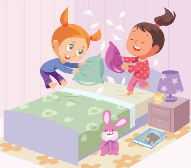 Vector illustration of Girls fighting pillows on bed during pajama party
