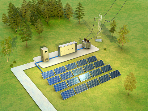 Solar power plant schematic including an inverter, battery and transformer. Digital illustration, 3D render.
