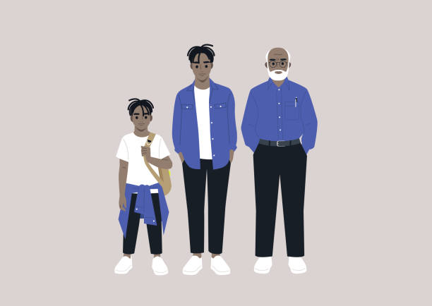 다세대 가족, 어린이, 청년, 노인 캐릭터가 모였습니다 - little boys black african descent american culture stock illustrations