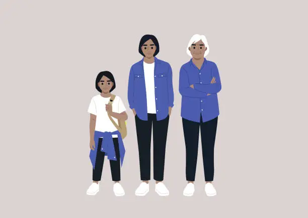 Vector illustration of A multigenerational family, a kid, a young adult, a senior character gathered together