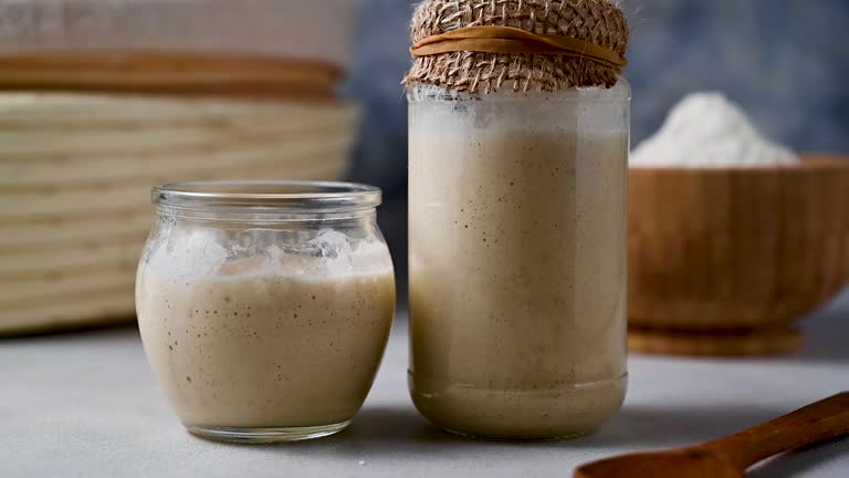 Sourdough starter in jars. Healthy wild fresh homemade yeast for sourdough bread baking