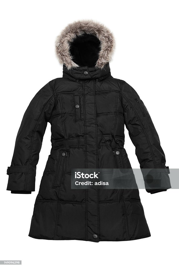 Women's black quilted coat with fur trimmed hood Coat isolated on white background Cut Out Stock Photo