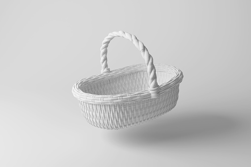 Wicker basket floating on white background with shadow creating a monochrome design. Illustration of the concept of minimalism and picnic