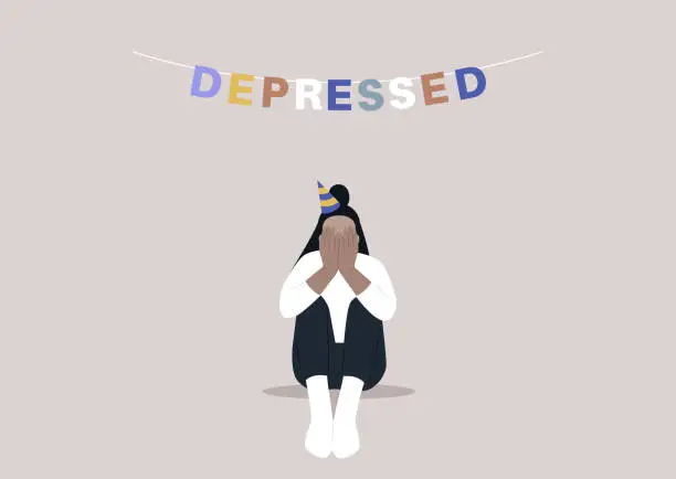 Vector illustration of Sad birthday party, a character with sitting on the floor with hands covering their face, a garland with colorful letters reading depressed, emotional challenge