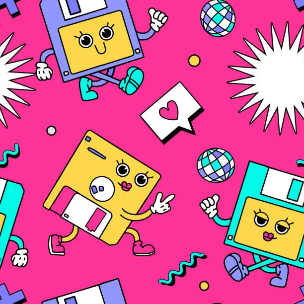 Vector illustration of 90s style seamless pattern with retro cartoon floppy disk characters and vintage disco objects. Hand drawn doodles. 80s - 00s trendy style vector illustration.