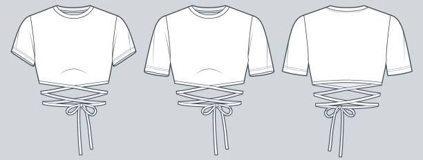 Tie Crop Top technical fashion Illustration. Short Sleeve Crop Shirt fashion flat tehnical drawing template, round neck, front knot, slim fit, front and back view, white color, women CAD mockup set. Tie Crop Top technical fashion Illustration. Short Sleeve Crop Shirt fashion flat tehnical drawing template, round neck, front knot, slim fit, front and back view, white color, women CAD mockup set. tehnical stock illustrations