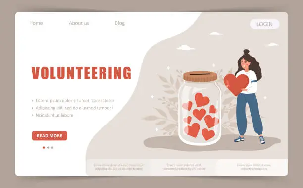 Vector illustration of Volunteering landing page template. Woman throw heart in glass jar with red hearts. Give and share your love. Support for poor people and children. Vector illustration in flat cartoon style