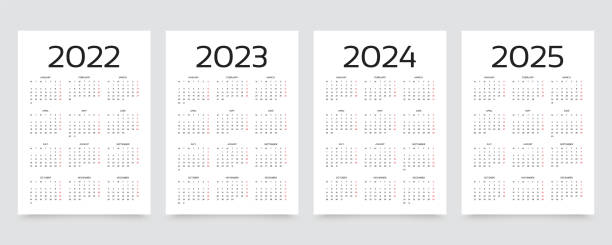 Calendar for 2023, 2024, 2025, 2022 years. Template yearly planner. Vector illustration. 2023, 2024, 2025 years calendar. Week starts Monday. Simple calender layout. Desk planner template with 12 months. Yearly diary. Organizer in English. Pocket or wall formats. Vector illustration. may 24 calendar stock illustrations