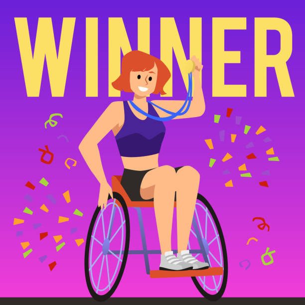 ilustrações de stock, clip art, desenhos animados e ícones de squared banner with happy winner woman in wheelchair flat style - physical impairment athlete sports race wheelchair