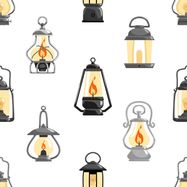 Vector illustration of Vintage gas, kerosene and oil lanterns - seamless pattern, cartoon flat vector illustration on white background.