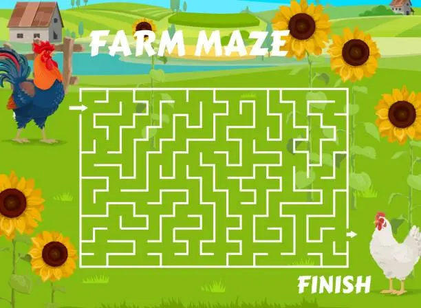 Vector illustration of Labyrinth maze game with rooster and hen on farm