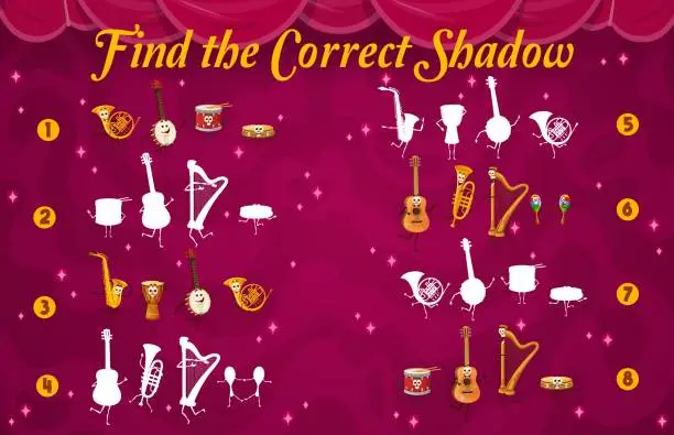 Vector illustration of Find the correct shadow cartoon musical instrument