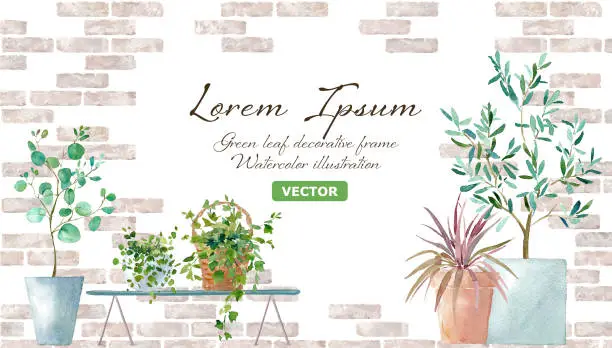 Vector illustration of Watercolor illustration of various potted plants against the backdrop of a brick wall. Natural frame design. (Vector. Pots and plants can be exchanged.)