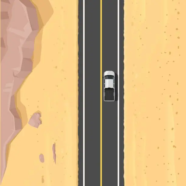 Vector illustration of Desert road top view landscape, sand, car, rocks