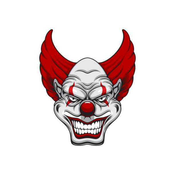 Scary clown, cartoon creepy Halloween character Scary clown face, cartoon creepy isolated vector Halloween character with red hair, lips and marks on eyes. Aggressive antihero personage with bared teeth and thin pupils Joker monster, evil funnyman scary clown mouth stock illustrations