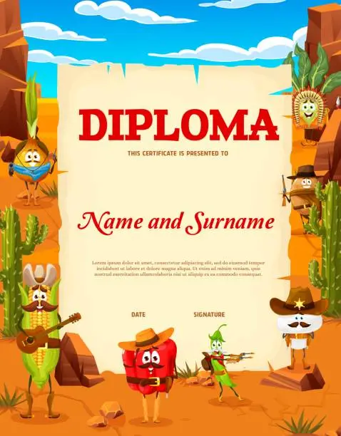 Vector illustration of Kids diploma, cartoon cowboy, sheriff vegetables