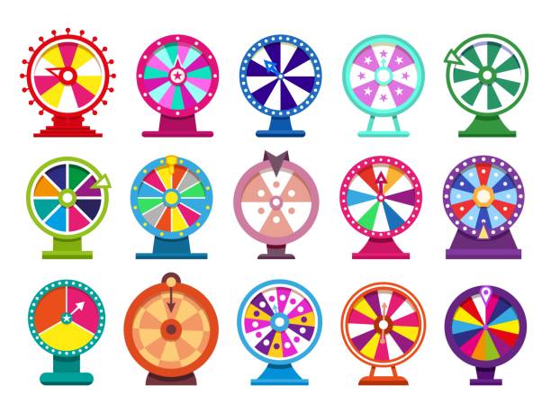 ilustrações de stock, clip art, desenhos animados e ícones de wheel spin roulette set, lottery game isolated flat elements. win prize in lucky casino, arrow like a money chance, luck turn. bright colors target. vector illustration online gamble objects - wheel incentive spinning luck