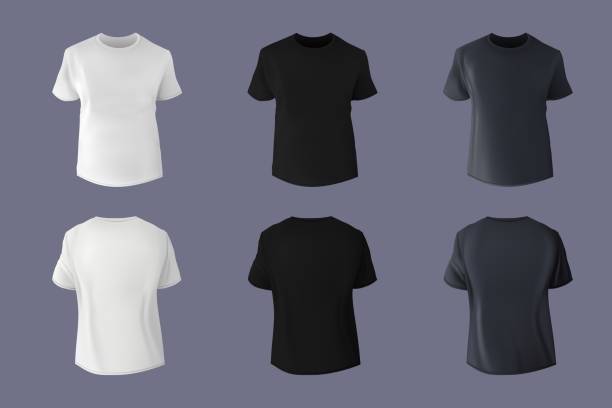 ilustrações de stock, clip art, desenhos animados e ícones de black, white and gray t-shirt mockup. blank kid or men short sleeve, top boy apparel, editable male sportswear sweatshirt. casual textile clothing front and back view. vector design mock up - teeshirt template