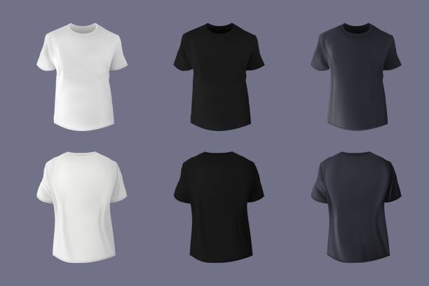 black, white and gray t-shirt mockup. blank kid or men short sleeve, top boy apparel, editable male sportswear sweatshirt. casual textile clothing front and back view. vector design mock up - tişört stock illustrations