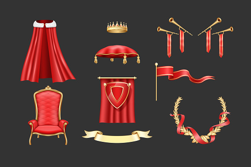 3D king insignia. Royal crown on pillow. Medieval flag. Gold royalty chair. Velvet cloak. Laurel wreath with ribbon. Queen throne. Blazon shield. Golden trumpet. Vector realistic emperor symbols set