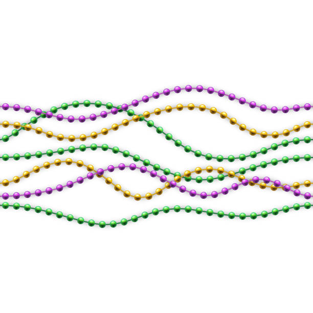 Mardi gras fat bead chain pattern. Realistic green and purple carnival necklace. Festival border. Party decoration garland. Happy celebration. Metallic spheres thread. Vector background Mardi gras fat bead chain pattern. Realistic green and purple carnival metal necklace. Festival border. Party decoration garland. Happy celebration. Bright metallic spheres thread. Vector background Bead stock illustrations