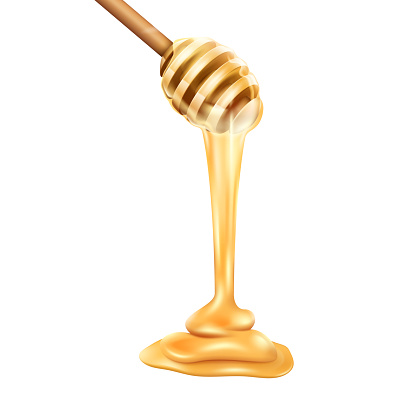 Honey drop, wood drip, gold syrup. Liquid golden orange food, healthy wood spoon stick, fresh natural dessert. Liquid dripping. Cooking ingredient. 3d isolated elements. Vector realistic illustration