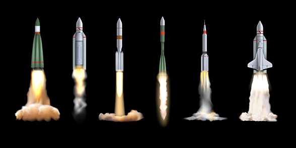 Rocket launch. Spaceship start. Realistic cosmic ship engine. Shuttle smoke jet. Flame stream. Spacecraft in universe. Rocketship flight. Galaxe exploration. Vector 3D space vehicles illustration set